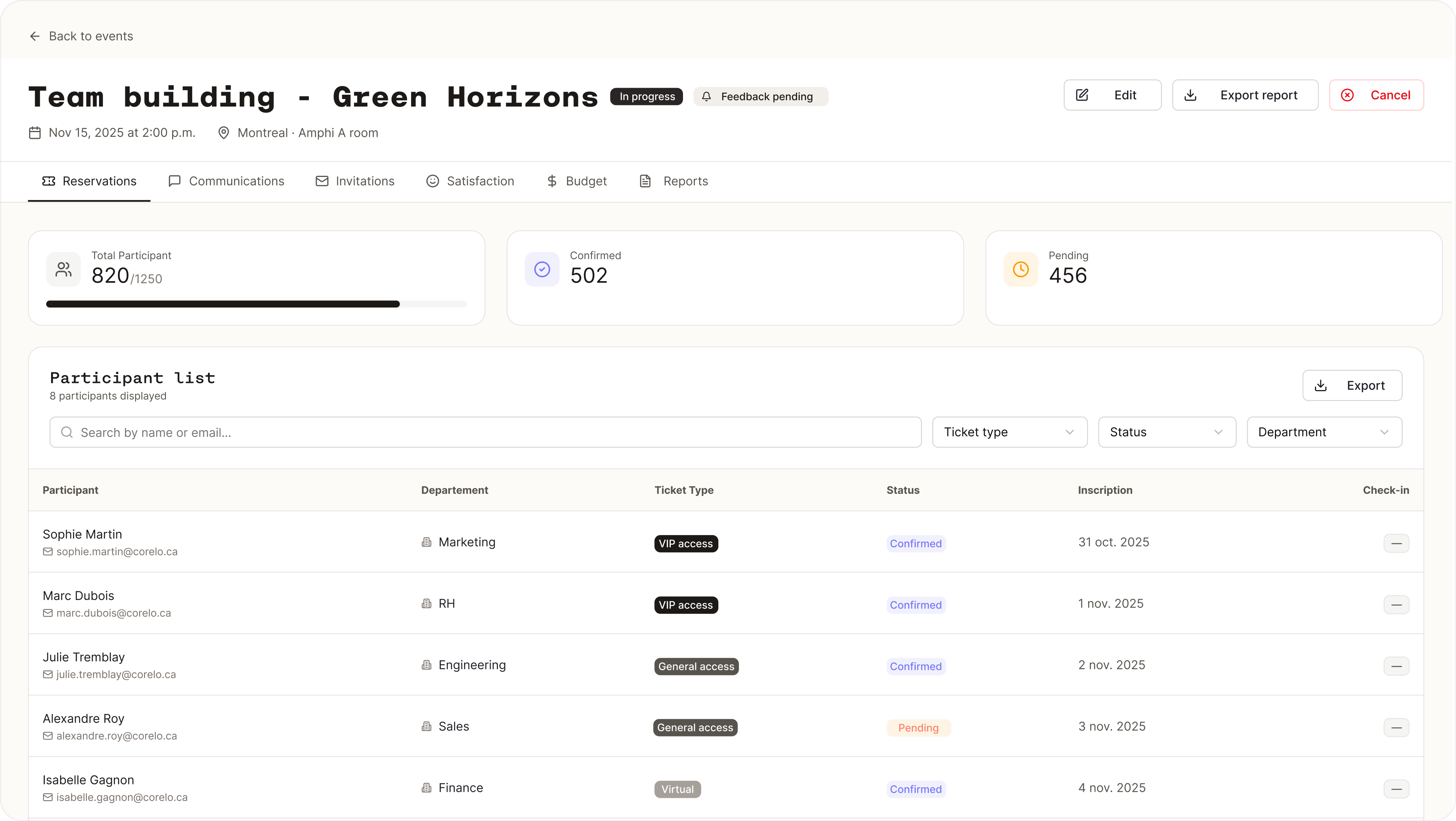 Corelo dashboard showing create and manage events - Plan events, manage and handle registrations from a single workspace.