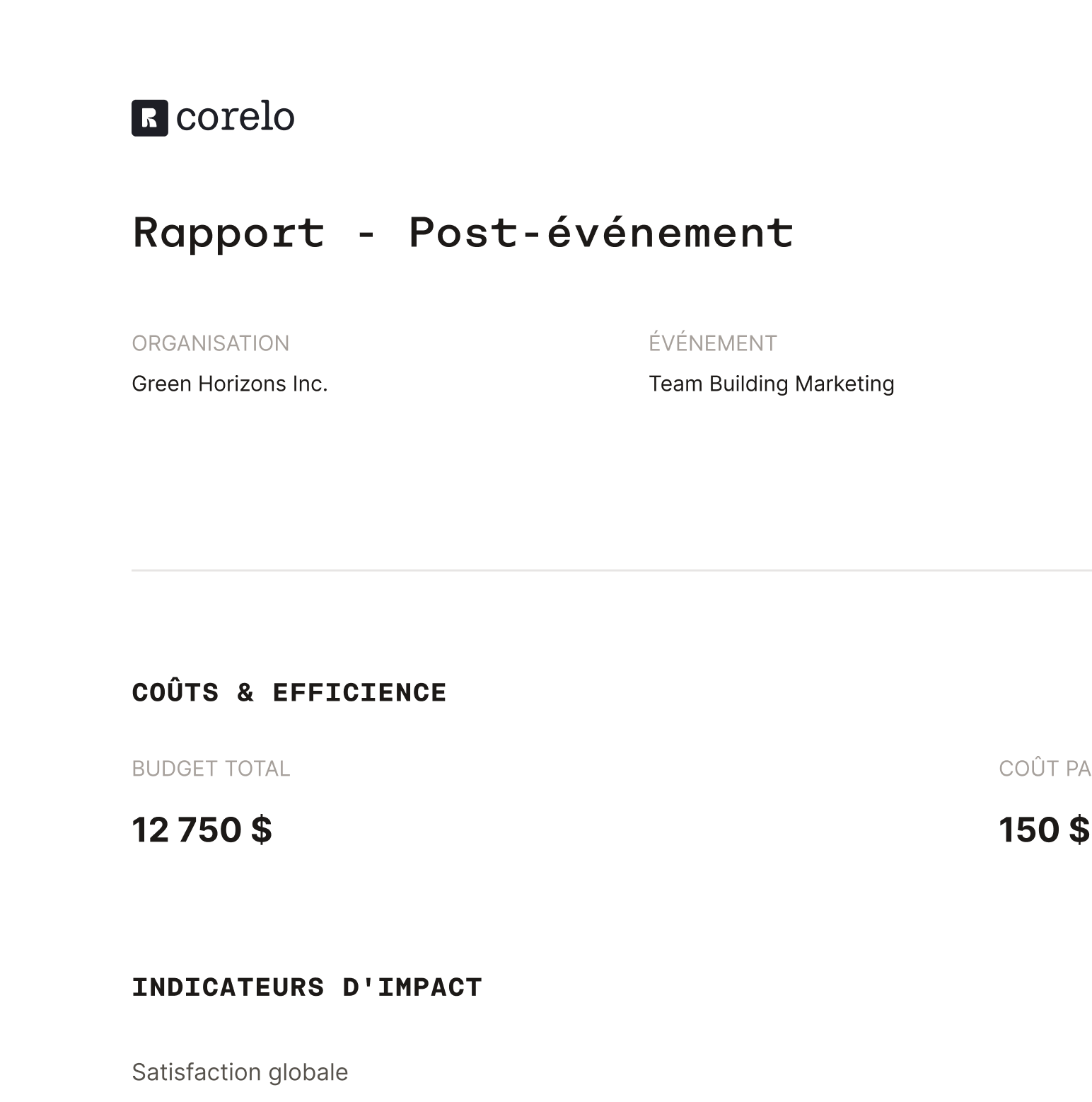 Tableau de bord Corelo montrant un rapport de direction
